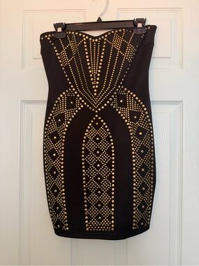 Va Va Voom Black Mini Dress with Gold Stud Pattern